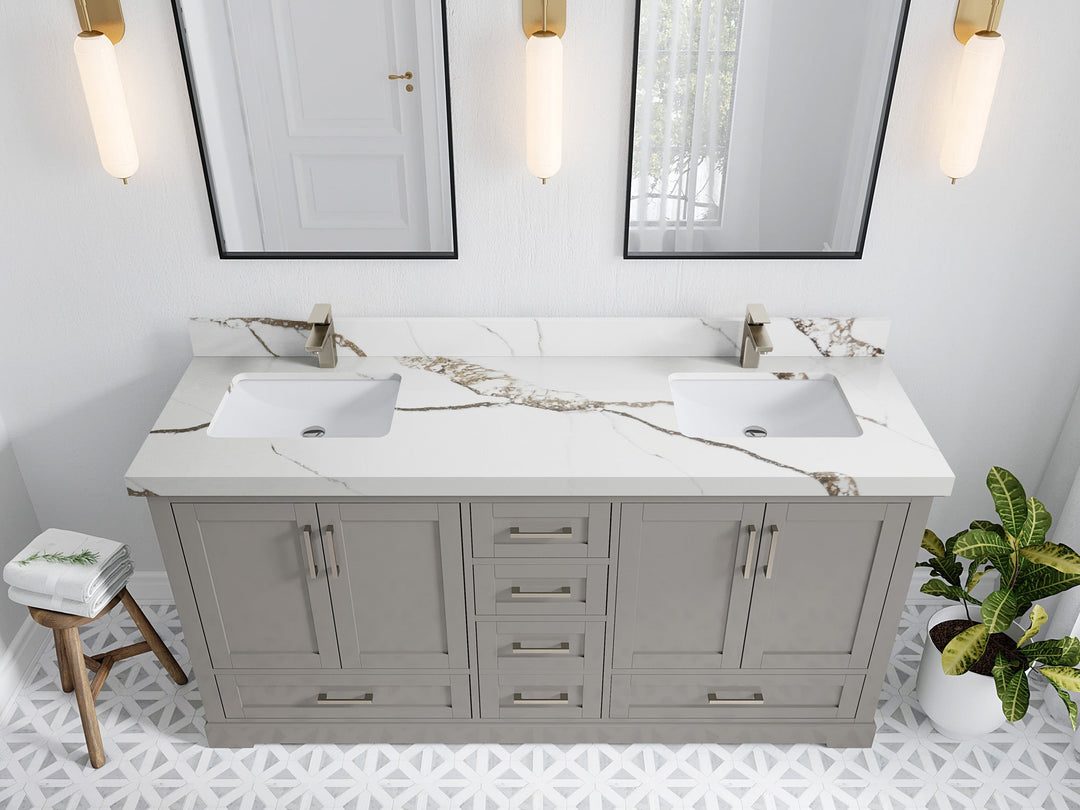 Boston 72 in. W x 22 in. D Double Sink Bathroom Vanity in Elephant Skin Gray with 2 in Calacatta Gold Quartz Countertop - Top View