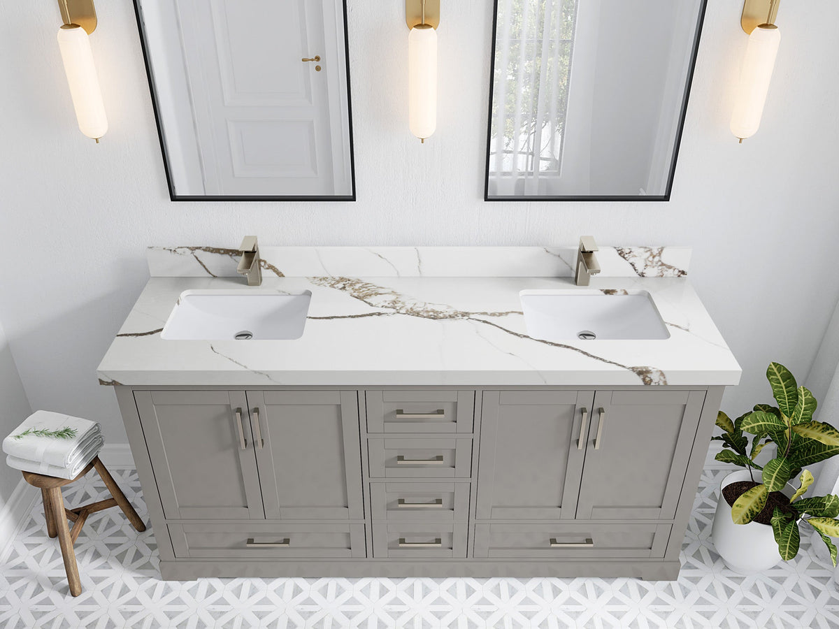 Boston 72 in. W x 22 in. D Double Sink Bathroom Vanity in Elephant Skin Gray with 2 in Calacatta Gold Quartz Countertop - Top View