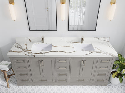 Boston 84 in. W x 22 in. D Double Sink Bathroom Vanity in Elephant Skin Gray with 2 in Calacatta Gold Quartz Countertop - Top View
