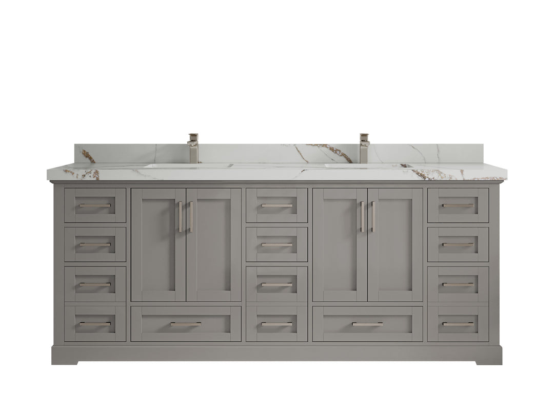 Boston 84 in. W x 22 in. D Double Sink Bathroom Vanity in Elephant Skin Gray with 2 in Calacatta Gold Countertop