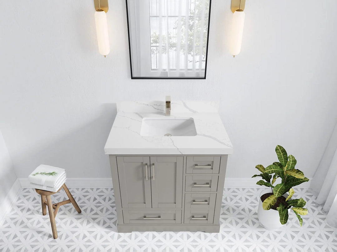Boston 36 in. W x 22 in. D Single Sink Bathroom Vanity in Elephant Skin Gray with 2 in Calacatta Laza Quartz Countertop - Top View