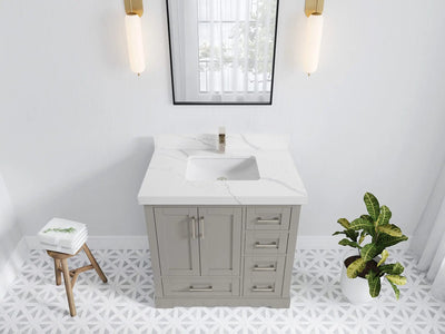 Boston 36 in. W x 22 in. D Single Sink Bathroom Vanity in Elephant Skin Gray with 2 in Calacatta Laza Quartz Countertop - Top View
