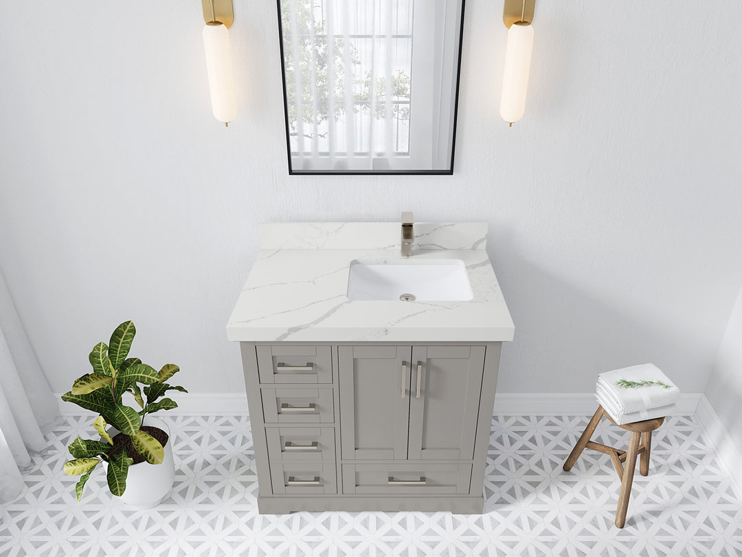 Boston 36 in. W x 22 in. D Single Sink Bathroom Vanity in Elephant Skin Gray with 2 in Calacatta Laza Quartz Countertop - Top View