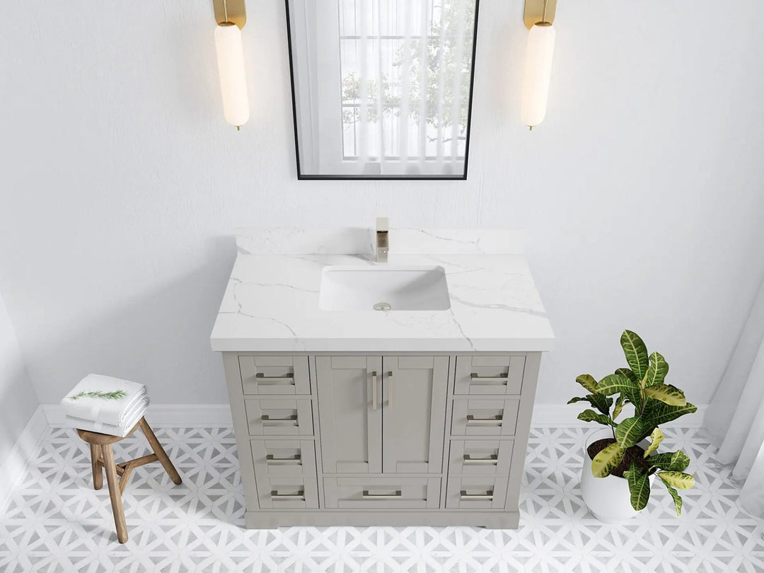 Boston 42 in. W x 22 in. D Double Sink Bathroom Vanity in Elephant Skin Gray with 2 in Calacatta Laza Quartz Countertop - Top View