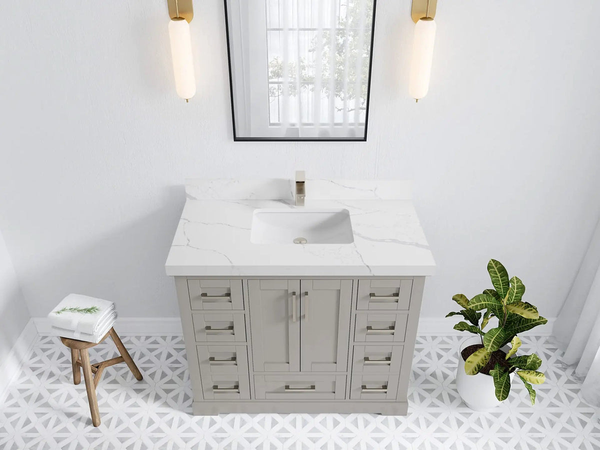 Boston 42 in. W x 22 in. D Double Sink Bathroom Vanity in Elephant Skin Gray with 2 in Calacatta Laza Quartz Countertop - Top View
