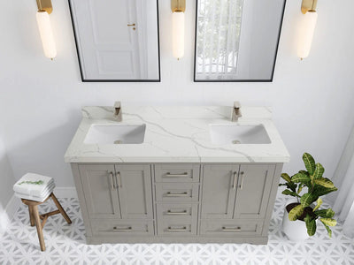 Boston 60 in. W x 22 in. D Double Sink Bathroom Vanity in Elephant Skin Gray with 2 in Calacatta Laza Quartz Countertop - Top View