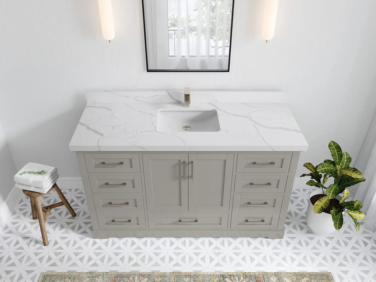 Boston 60 in. W x 22 in. D Single Sink Bathroom Vanity in Elephant Skin Gray with 2 in Calacatta Laza Quartz Countertop - Top View