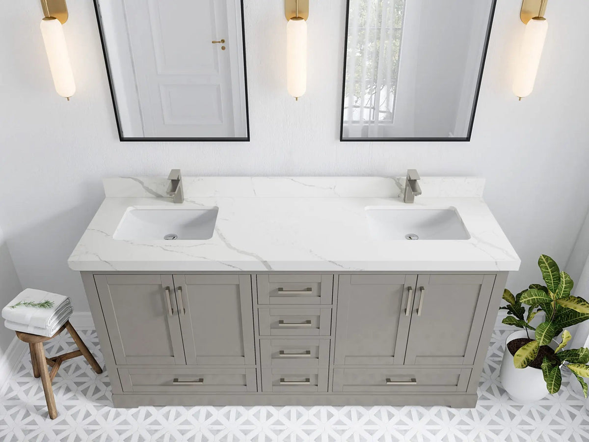 Boston 72 in. W x 22 in. D Double Sink Bathroom Vanity in Elephant Skin Gray with 2 in Calacatta Laza Quartz Countertop - Top View