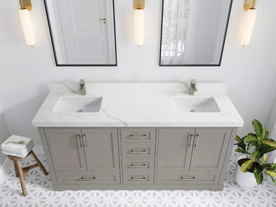 Boston 72 in. W x 22 in. D Double Sink Bathroom Vanity in Elephant Skin Gray with 2 in Calacatta Laza Quartz Countertop - Top View
