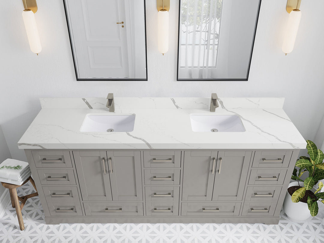 Boston 84 in. W x 22 in. D Double Sink Bathroom Vanity in Elephant Skin Gray with 2 in Calacatta Laza Quartz Countertop - Top View