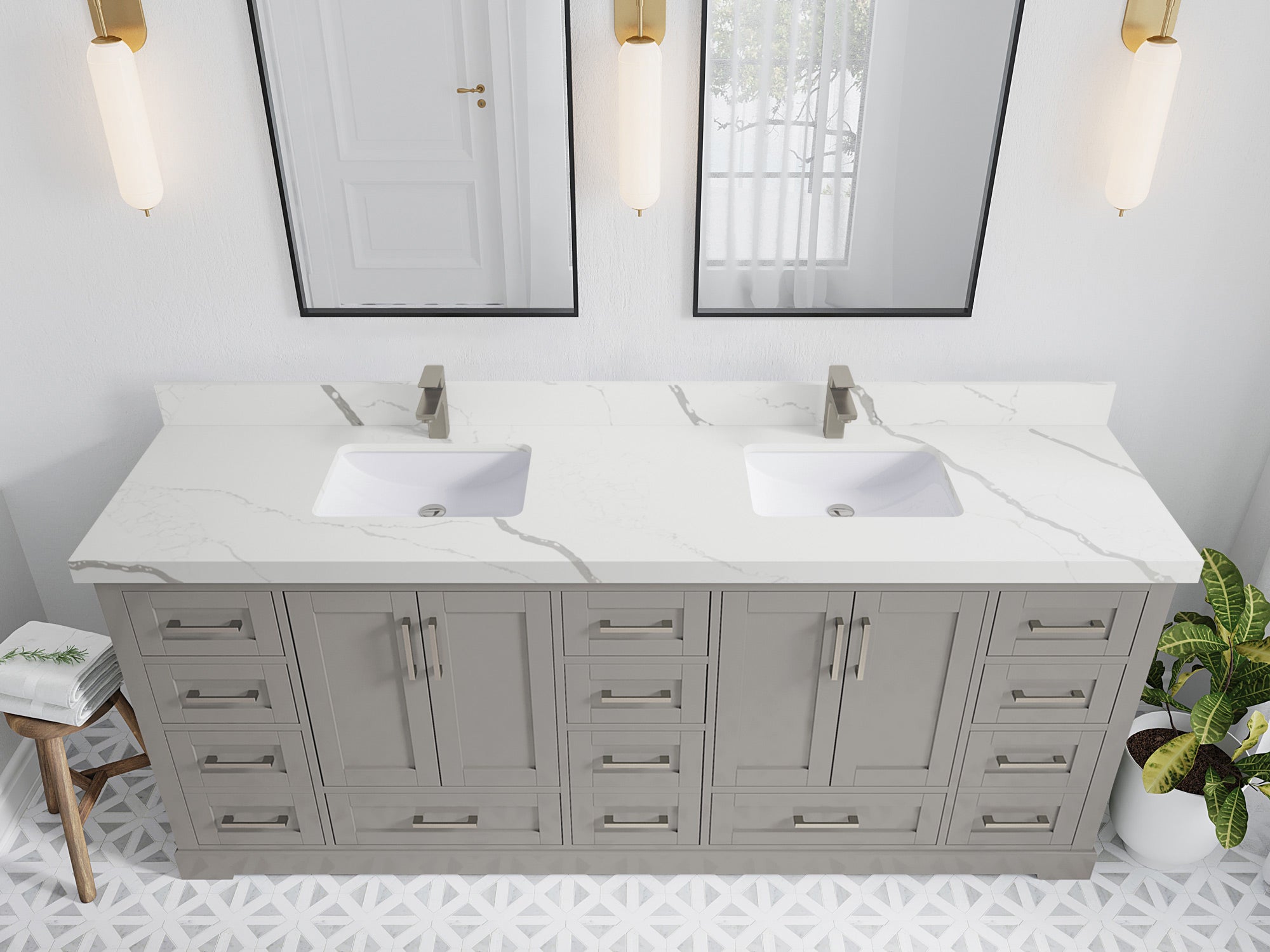 Boston 84 in. W x 22 in. D Double Sink Bathroom Vanity in Elephant Skin Gray with 2 in Calacatta Laza Quartz Countertop - Top View