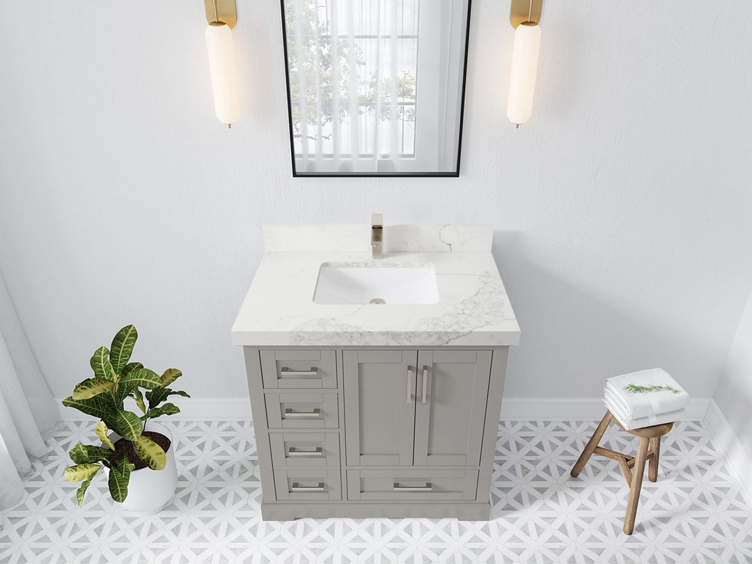 Boston 36 in. W x 22 in. D Single Sink Bathroom Vanity in Elephant Skin Gray with 2 in Calacatta Nuvo Quartz Countertop - Top View