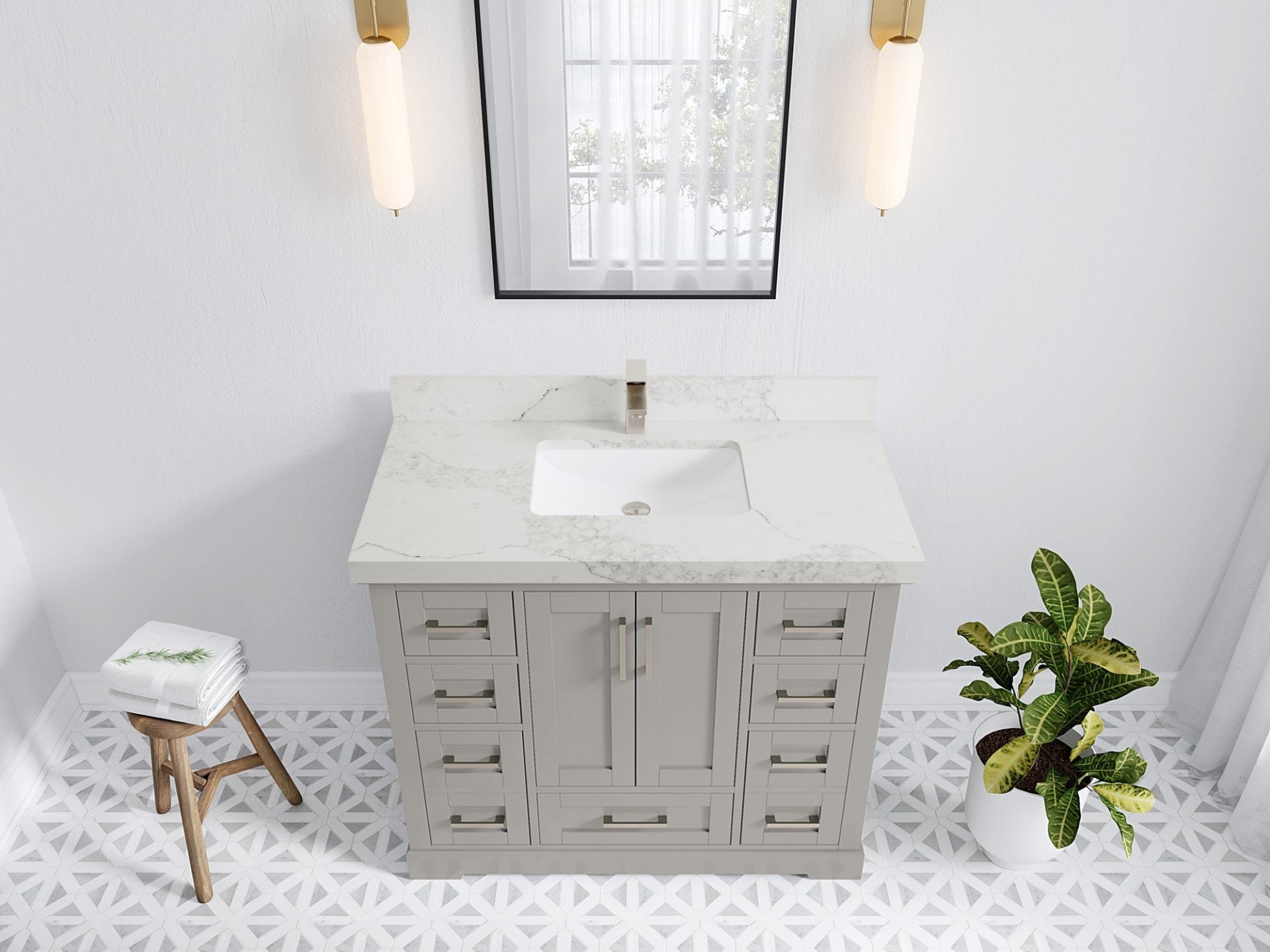 Boston 42 in. W x 22 in. D Double Sink Bathroom Vanity in Elephant Skin Gray with 2 in Calacatta Nuvo Quartz Countertop - Top View