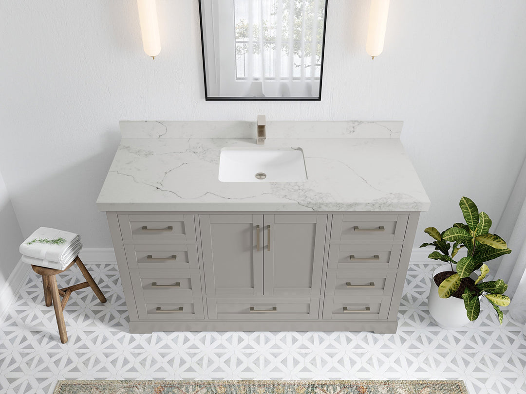 Boston 60 in. W x 22 in. D Single Sink Bathroom Vanity in Elephant Skin Gray with 2 in Calacatta Nuvo Quartz Countertop - Top View