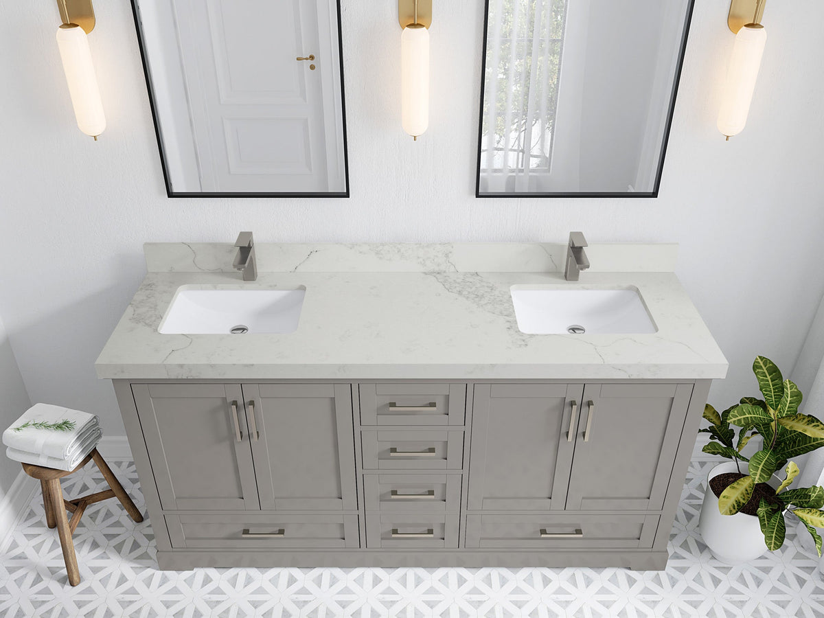 Boston 72 in. W x 22 in. D Double Sink Bathroom Vanity in Elephant Skin Gray with 2 in Calacatta Nuvo Quartz Countertop - Top View