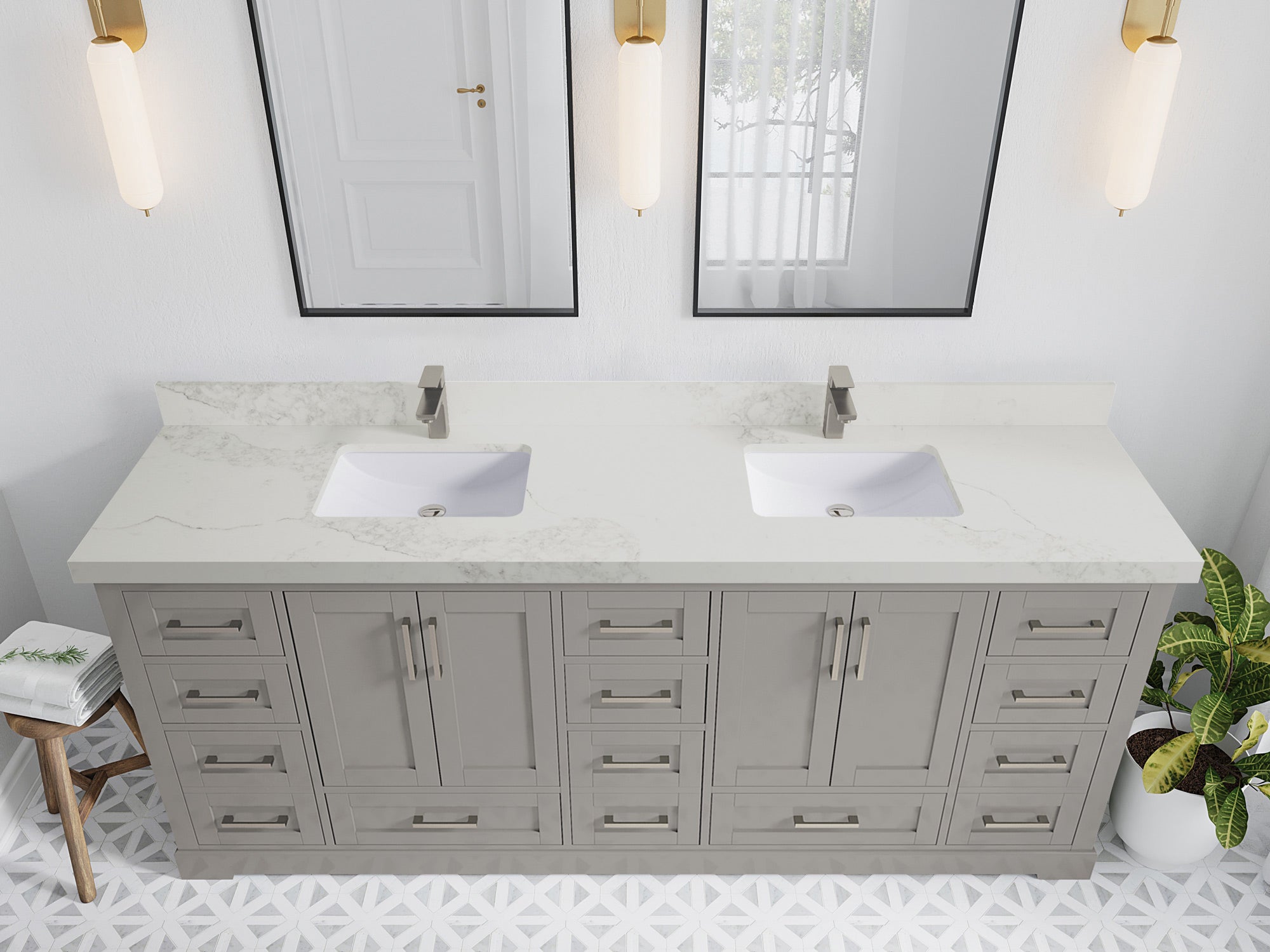 Boston 84 in. W x 22 in. D Double Sink Bathroom Vanity in Elephant Skin Gray with 2 in Calacatta Nuvo Quartz Countertop - Top View