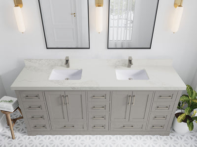 Boston 84 in. W x 22 in. D Double Sink Bathroom Vanity in Elephant Skin Gray with 2 in Calacatta Nuvo Quartz Countertop - Top View