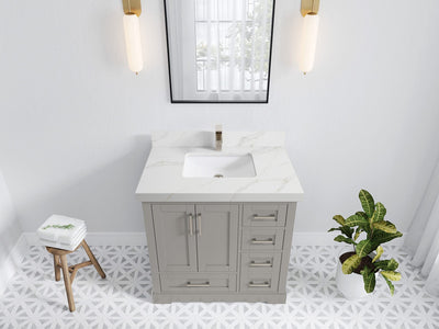 Boston 36 in. W x 22 in. D Single Sink Bathroom Vanity in Elephant Skin Gray with 2 in Calacatta Sienna Quartz Countertop - Top View