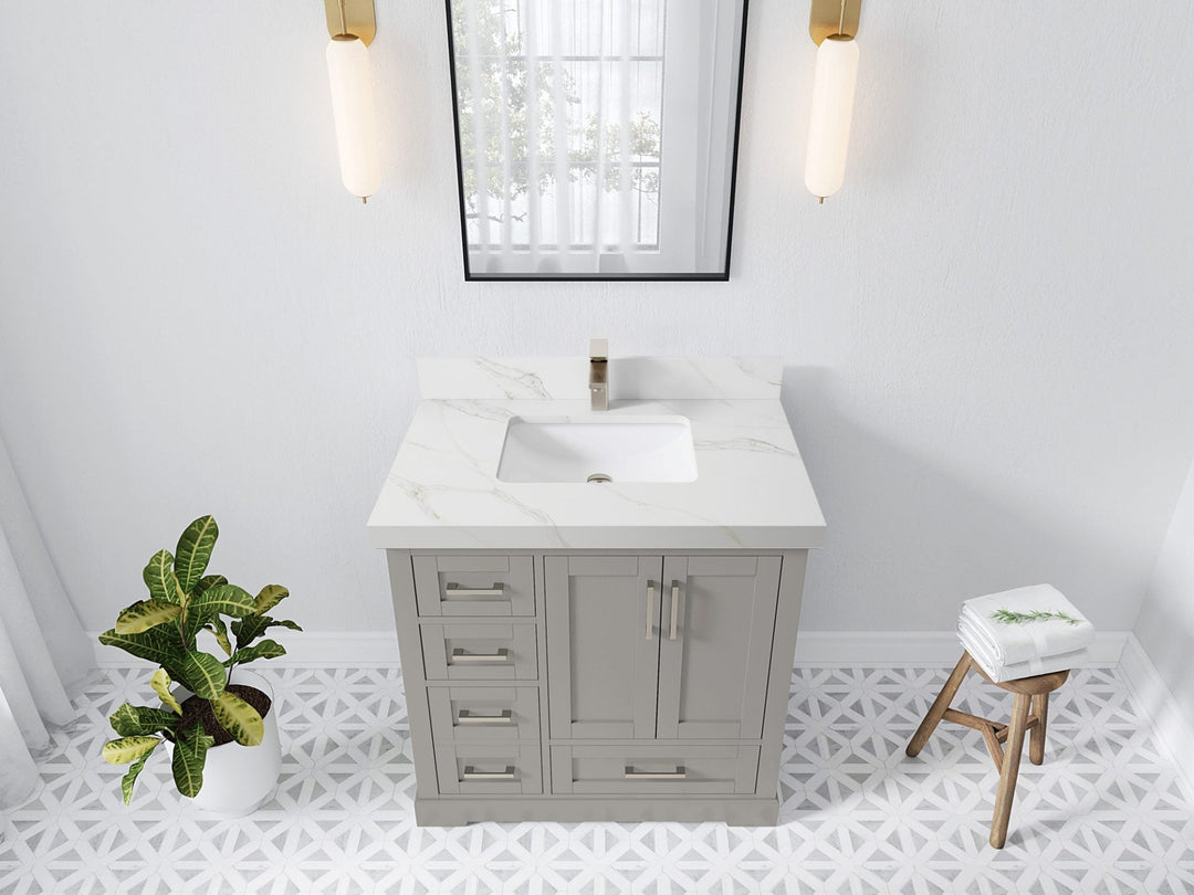 Boston 36 in. W x 22 in. D Single Sink Bathroom Vanity in Elephant Skin Gray with 2 in Calacatta Sienna Quartz Countertop - Top View