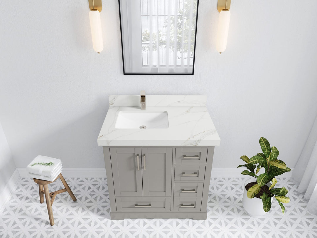 Boston 36 in. W x 22 in. D Single Sink Bathroom Vanity in Elephant Skin Gray with 2 in Calacatta Sienna Quartz Countertop - Top View