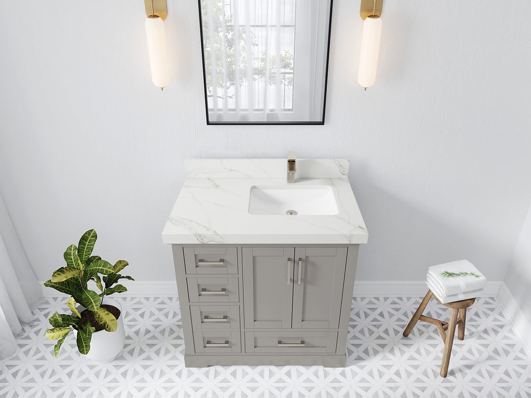 Boston 36 in. W x 22 in. D Single Sink Bathroom Vanity in Elephant Skin Gray with 2 in Calacatta Sienna Quartz Countertop - Top View