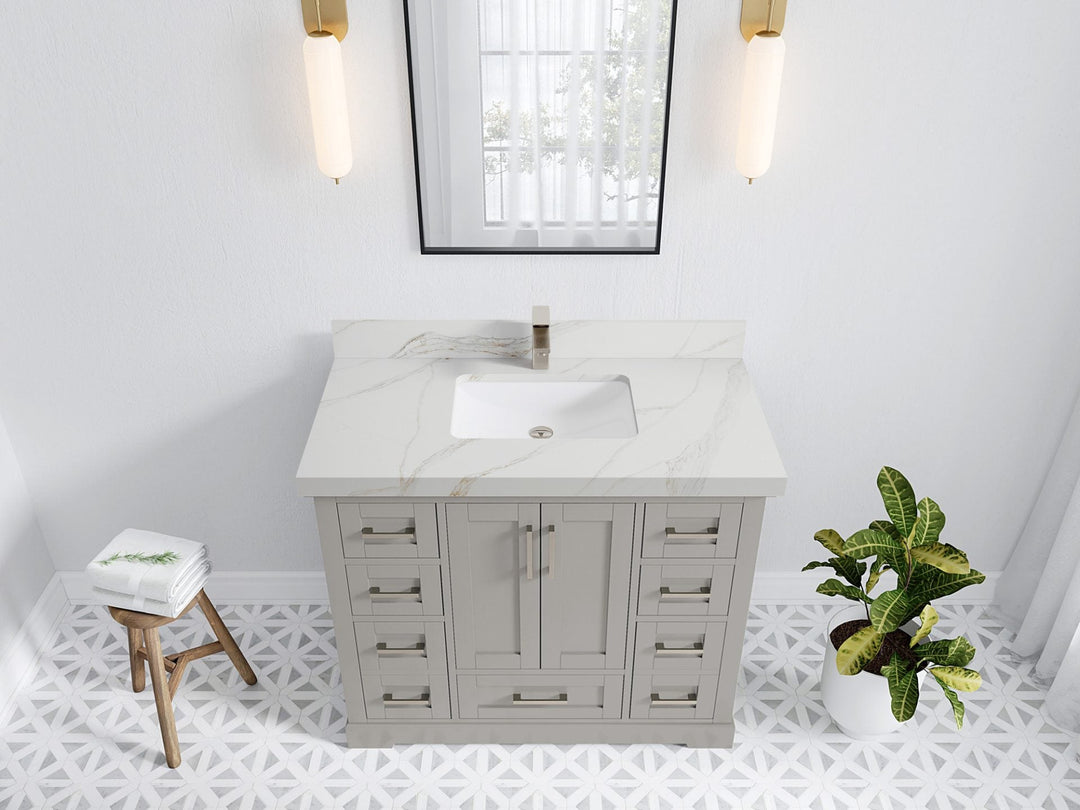 Boston 42 in. W x 22 in. D Double Sink Bathroom Vanity in Elephant Skin Gray with 2 in Calacatta Sienna Quartz Countertop - Top View