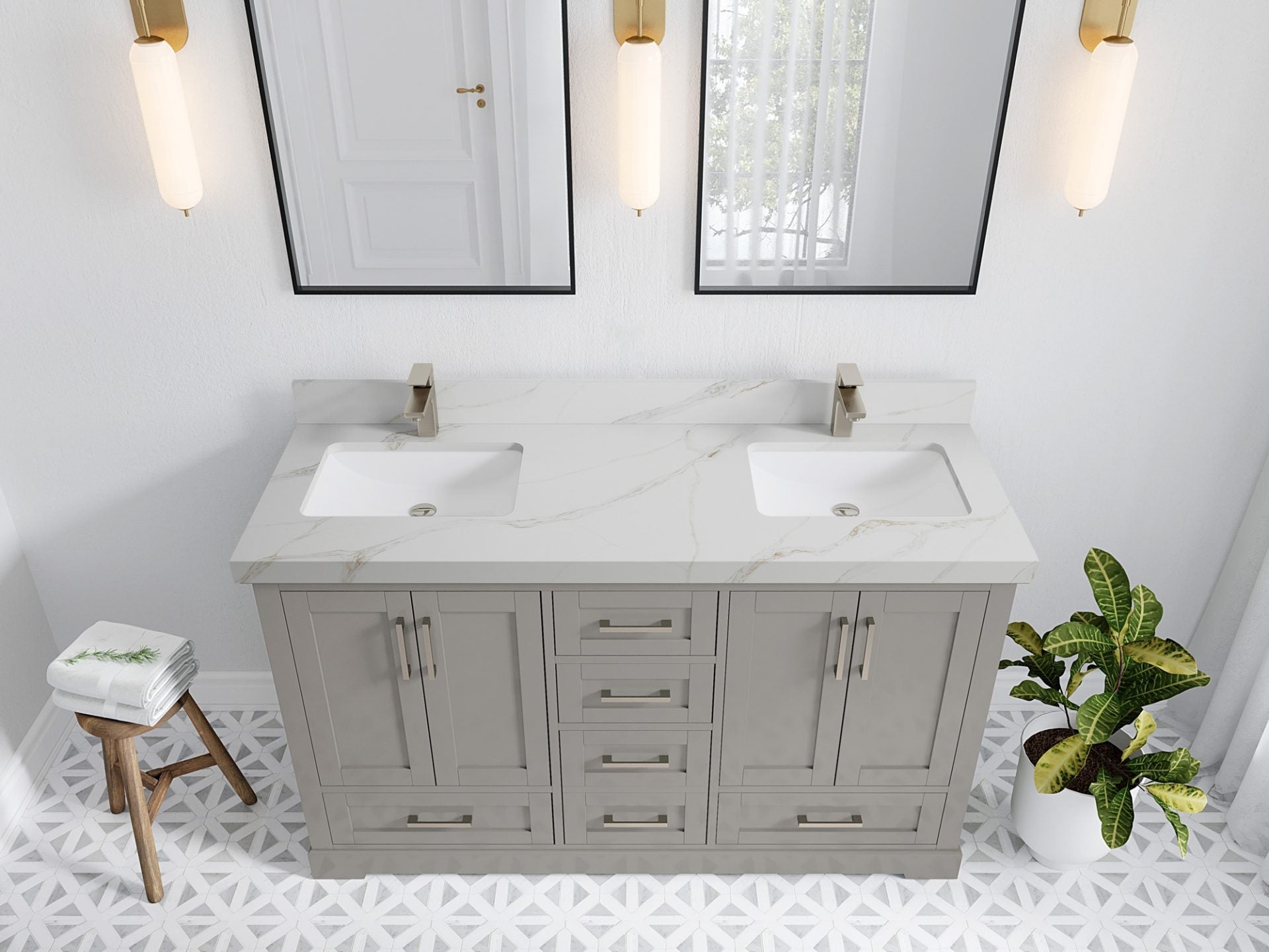 Boston 60 in. W x 22 in. D Double Sink Bathroom Vanity in Elephant Skin Gray with 2 in Calacatta Sienna Quartz Countertop - Top View