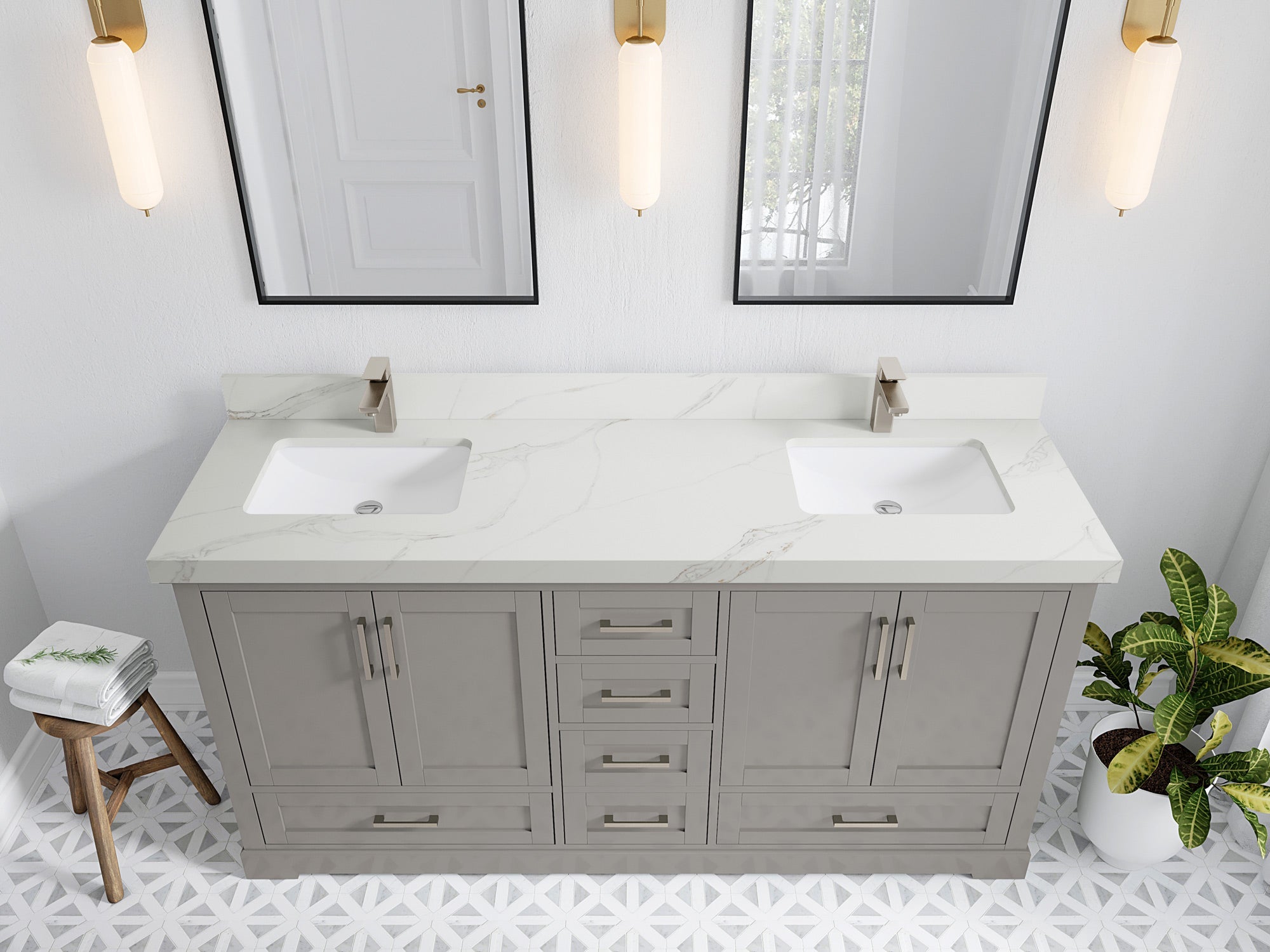 Boston 72 in. W x 22 in. D Double Sink Bathroom Vanity in Elephant Skin Gray with 2 in Calacatta Sienna Quartz Countertop - Top View