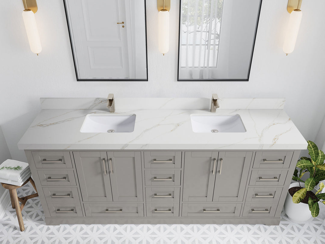 Boston 84 in. W x 22 in. D Double Sink Bathroom Vanity in Elephant Skin Gray with 2 in Calacatta Sienna Quartz Countertop - Top View