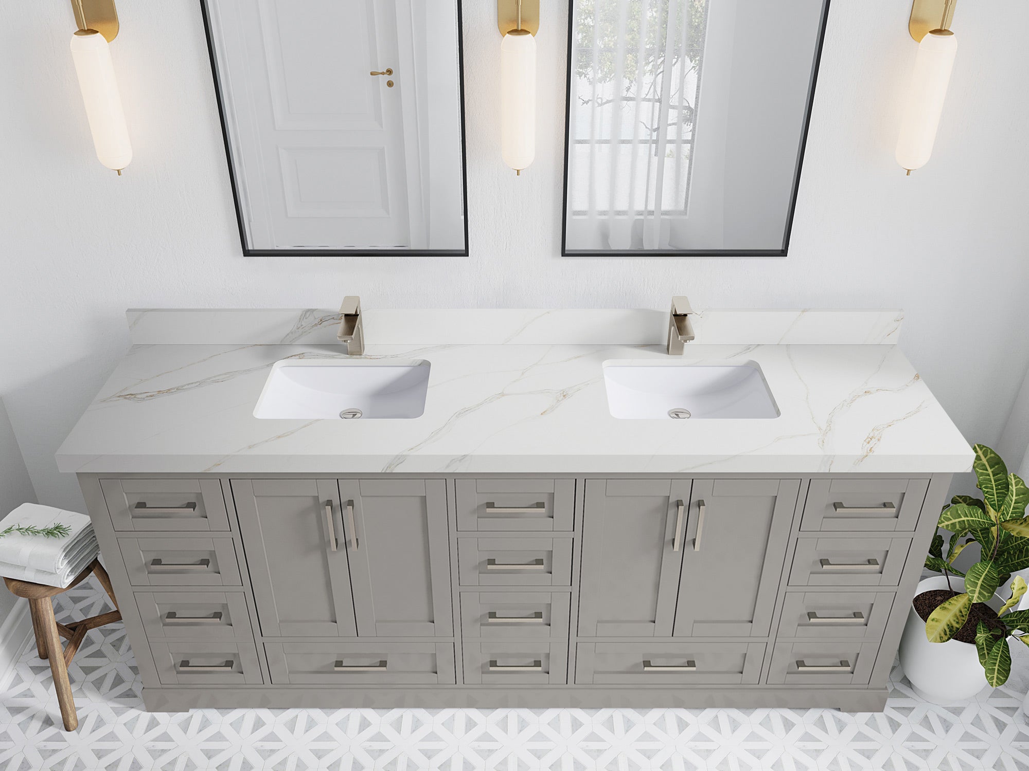 Boston 84 in. W x 22 in. D Double Sink Bathroom Vanity in Elephant Skin Gray with 2 in Calacatta Sienna Quartz Countertop - Top View