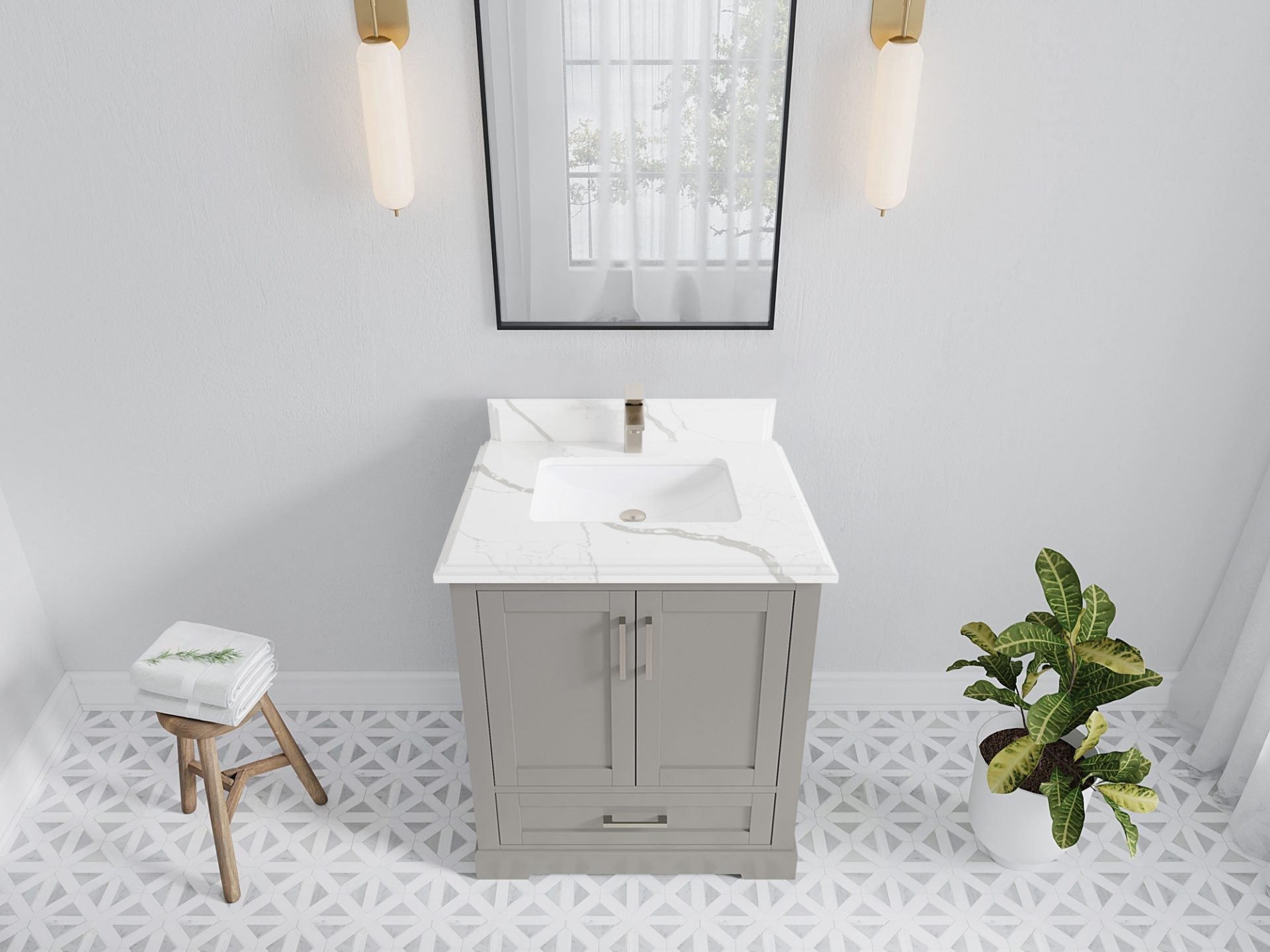 Boston 30 in. W x 22 in. D Single Sink Bathroom Vanity in Elephant Skin Gray with 1.5 in Double Cove Edge Calacatta Laza Quartz Countertop - Top View