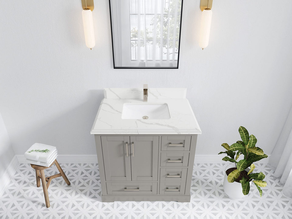 Boston 36 in. W x 22 in. D Single Sink Bathroom Vanity in Elephant Skin Gray with 1.5 in Double Cove Edge Calacatta Laza Quartz Countertop - Top View