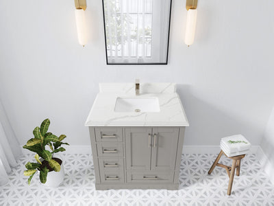 Boston 36 in. W x 22 in. D Single Sink Bathroom Vanity in Elephant Skin Gray with 1.5 in Double Cove Edge Calacatta Laza Quartz Countertop - Top View