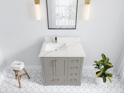 Boston 36 in. W x 22 in. D Single Sink Bathroom Vanity in Elephant Skin Gray with 1.5 in Double Cove Edge Calacatta Laza Quartz Countertop - Top View
