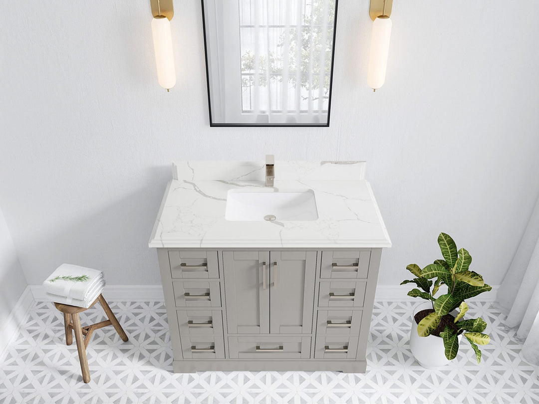 Boston 42 in. W x 22 in. D Double Sink Bathroom Vanity in Elephant Skin Gray with 1.5 in Double Cove Edge Calacatta Laza Quartz Countertop - Top View