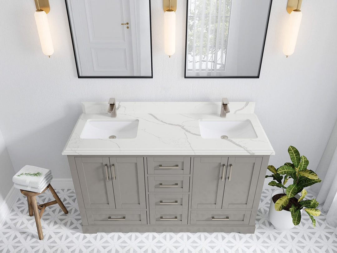 Boston 60 in. W x 22 in. D Double Sink Bathroom Vanity in Elephant Skin Gray with 1.5 in Double Cove Edge Calacatta Laza Quartz Countertop - Top View