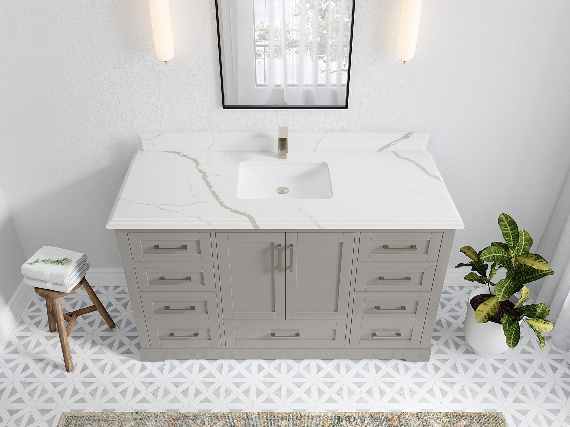 Boston 60 in. W x 22 in. D Single Sink Bathroom Vanity in Elephant Skin Gray with 1.5 in Double Cove Edge Calacatta Laza Quartz Countertop - Top View