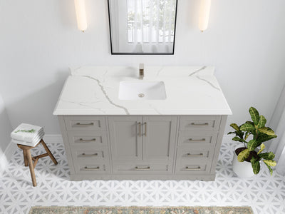 Boston 60 in. W x 22 in. D Single Sink Bathroom Vanity in Elephant Skin Gray with 1.5 in Double Cove Edge Calacatta Laza Quartz Countertop - Top View