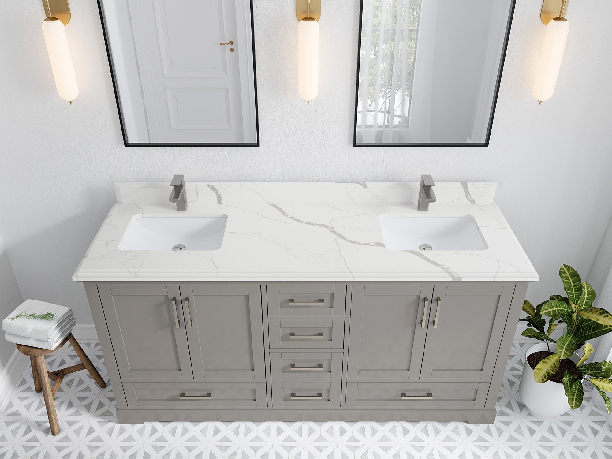 Boston 72 in. W x 22 in. D Double Sink Bathroom Vanity in Elephant Skin Gray with 1.5 in Double Cove Edge Calacatta Laza Quartz Countertop - Top View