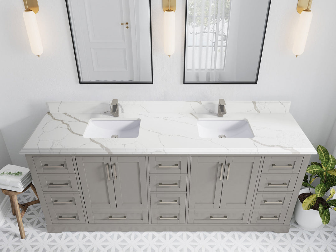 Boston 84 in. W x 22 in. D Double Sink Bathroom Vanity in Elephant Skin Gray with 1.5 in Double Cove Edge Calacatta Laza Quartz Countertop - Top View