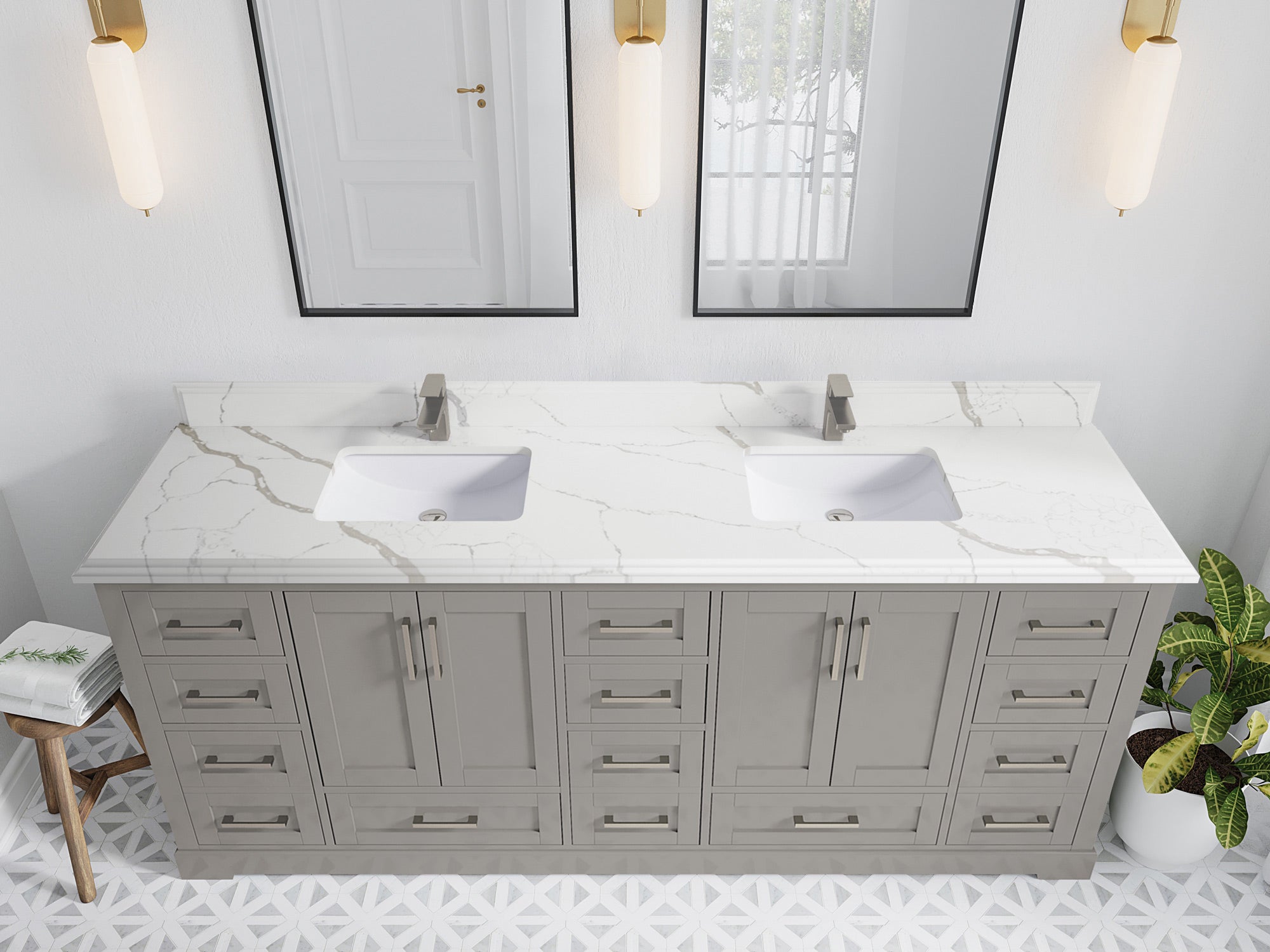 Boston 84 in. W x 22 in. D Double Sink Bathroom Vanity in Elephant Skin Gray with 1.5 in Double Cove Edge Calacatta Laza Quartz Countertop - Top View