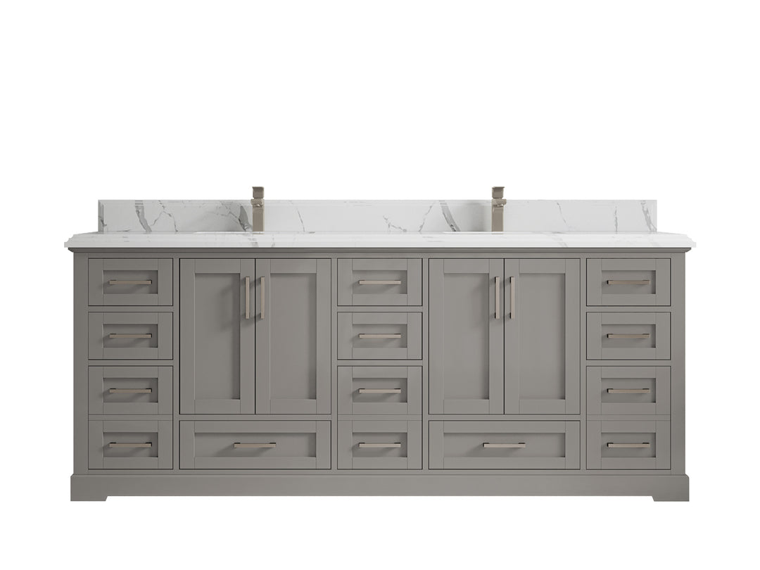 Boston 84 in. W x 22 in. D Double Sink Bathroom Vanity in Elephant Skin Gray with 1.5 in Double Cove Edge Calacatta Laza Countertop