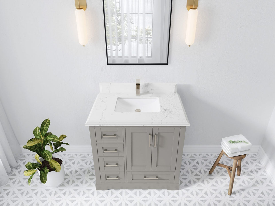 Boston 36 in. W x 22 in. D Single Sink Bathroom Vanity in Elephant Skin Gray with 1.5 in Double Cove Edge Empira White Quartz Countertop - Top View