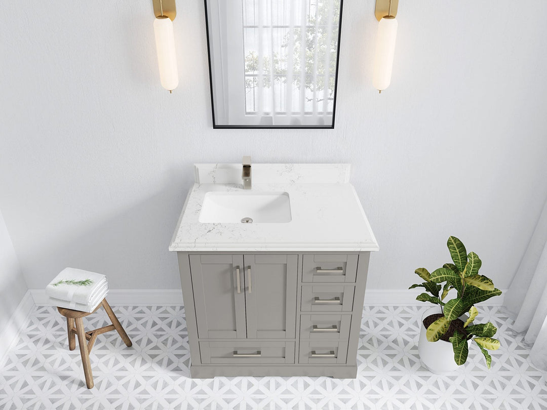 Boston 36 in. W x 22 in. D Single Sink Bathroom Vanity in Elephant Skin Gray with 1.5 in Double Cove Edge Empira White Quartz Countertop - Top View