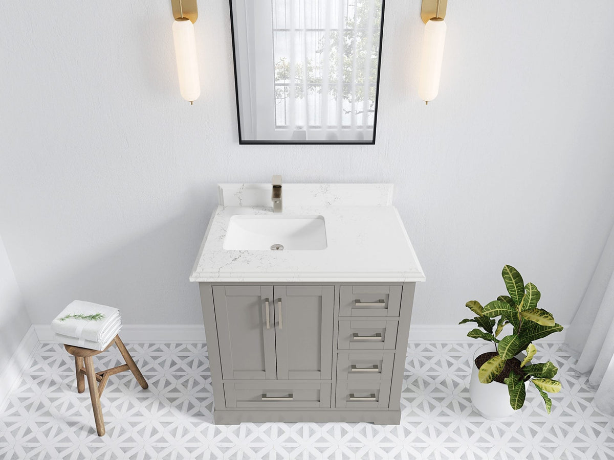 Boston 36 in. W x 22 in. D Single Sink Bathroom Vanity in Elephant Skin Gray with 1.5 in Double Cove Edge Empira White Quartz Countertop - Top View