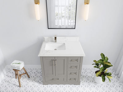 Boston 36 in. W x 22 in. D Single Sink Bathroom Vanity in Elephant Skin Gray with 1.5 in Double Cove Edge Empira White Quartz Countertop - Top View