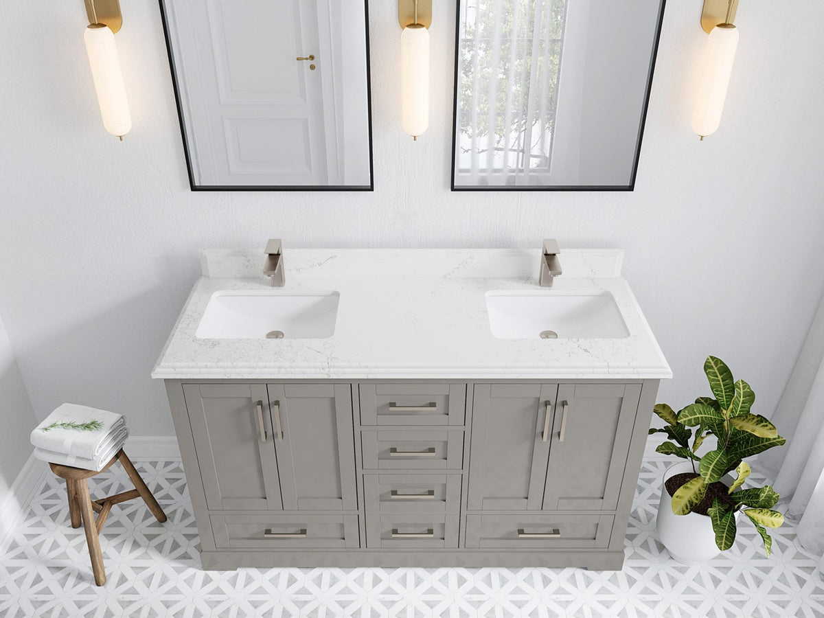 Boston 60 in. W x 22 in. D Double Sink Bathroom Vanity in Elephant Skin Gray with 1.5 in Double Cove Edge Empira White Quartz Countertop - Top View