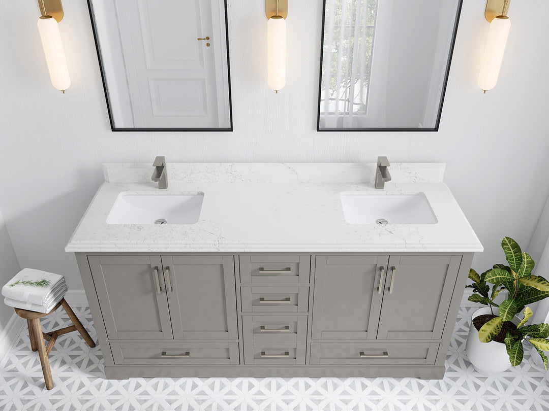 Boston 72 in. W x 22 in. D Double Sink Bathroom Vanity in Elephant Skin Gray with 1.5 in Double Cove Edge Empira White Quartz Countertop - Top View