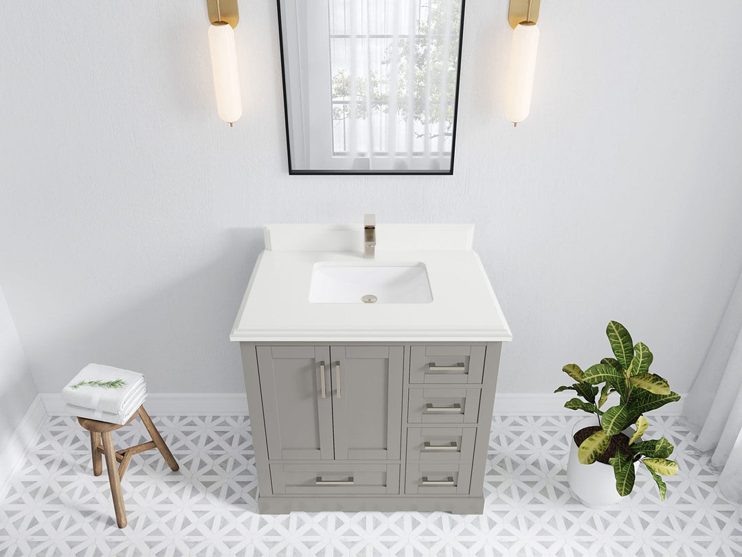 Boston 36 in. W x 22 in. D Single Sink Bathroom Vanity in Elephant Skin Gray with 1.5 in Double Cove Edge White Quartz Countertop - Top View