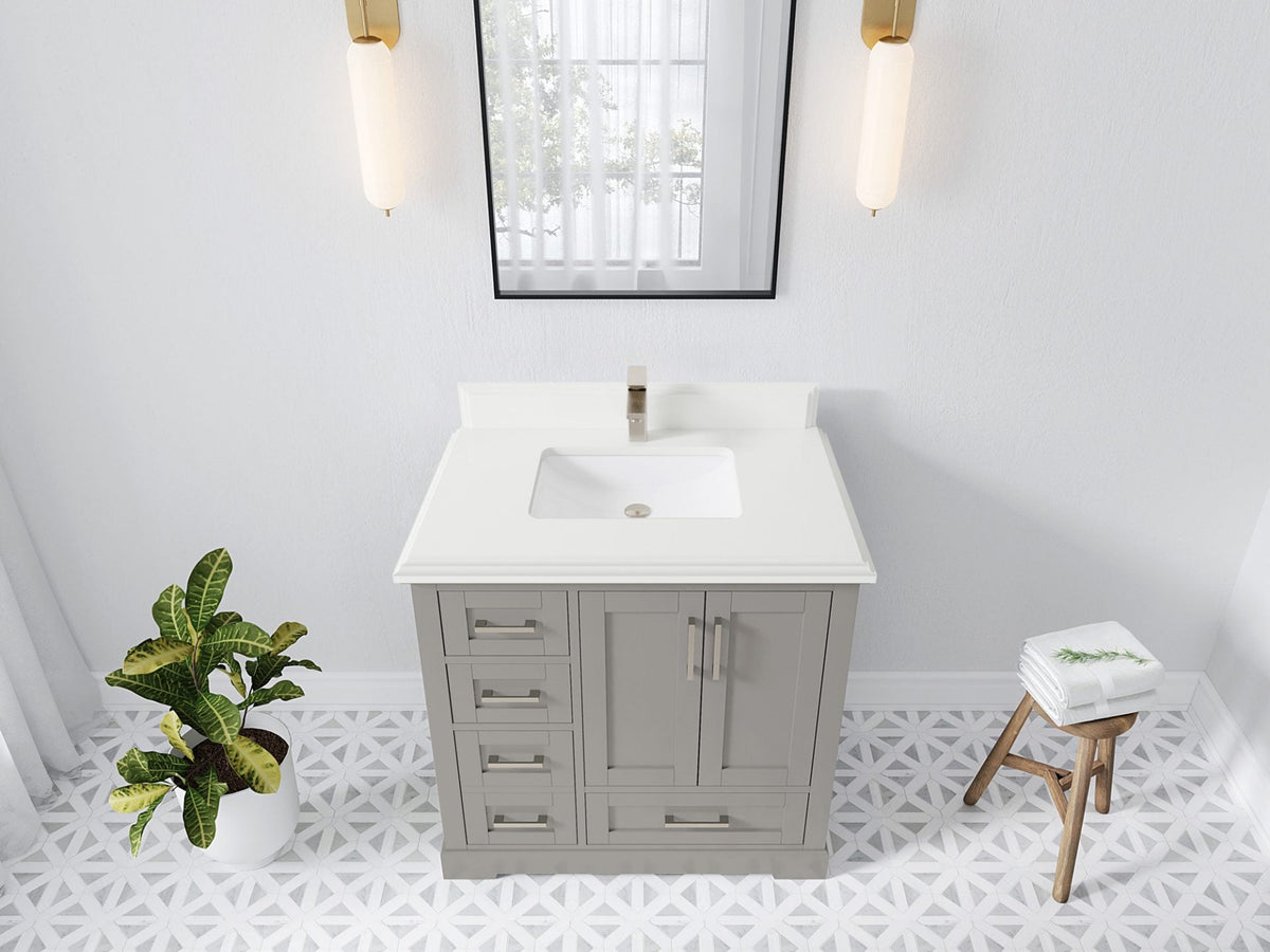 Boston 36 in. W x 22 in. D Single Sink Bathroom Vanity in Elephant Skin Gray with 1.5 in Double Cove Edge White Quartz Countertop - Top View
